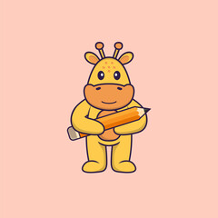 Obraz premium Cute giraffe holding a pencil. Animal cartoon concept isolated. Can used for t-shirt, greeting card, invitation card or mascot. Flat Cartoon Style