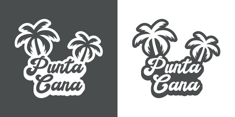 Fototapeta na wymiar Destino de vacaciones. Logotipo con texto Punta Cana con palmeras con sombra en fondo gris y fondo blanco