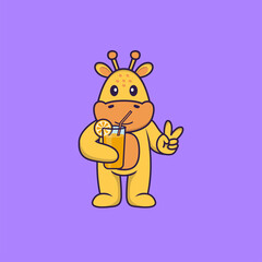 Cute giraffe holding orange juice in glass. Animal cartoon concept isolated. Can used for t-shirt, greeting card, invitation card or mascot. Flat Cartoon Style