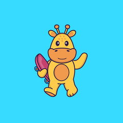Fototapeta premium Cute giraffe holding a skateboard. Animal cartoon concept isolated. Can used for t-shirt, greeting card, invitation card or mascot. Flat Cartoon Style