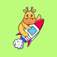 Cute giraffe flying on rocket. Animal cartoon concept isolated. Can used for t-shirt, greeting card, invitation card or mascot. Flat Cartoon Style