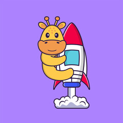Cute giraffe flying on rocket. Animal cartoon concept isolated. Can used for t-shirt, greeting card, invitation card or mascot. Flat Cartoon Style