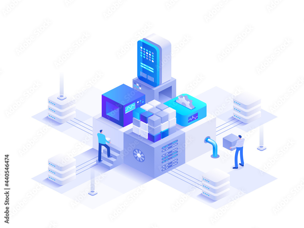 Poster cryptocurrency mining isometric abstract concept. digital money mining farm with server rack, blockc