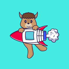 Cute sheep flying on rocket. Animal cartoon concept isolated. Can used for t-shirt, greeting card, invitation card or mascot. Flat Cartoon Style