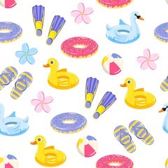 Vector seamless pattern of summer vibes. Summer elements set. Tropical. Vacation. Holidays.
