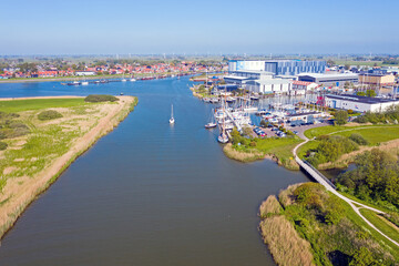 Fototapeta na wymiar Aerial from the little village and harbor from Workum in Friesland in the Netherlands
