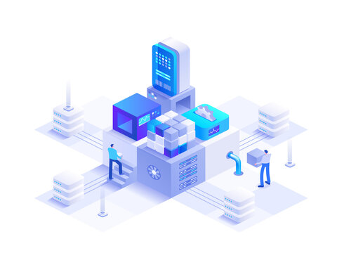 Cryptocurrency mining isometric abstract concept. Digital money mining farm with server rack, blockchain technology, data analysis, financial tools. Vector character illustration in isometry design
