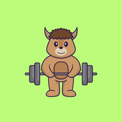 Cute sheep lifts the barbell. Animal cartoon concept isolated. Can used for t-shirt, greeting card, invitation card or mascot. Flat Cartoon Style