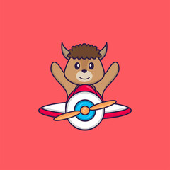 Cute sheep flying on a plane. Animal cartoon concept isolated. Can used for t-shirt, greeting card, invitation card or mascot. Flat Cartoon Style