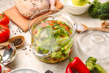 Stylish cooking pot with tasty soup and ingredients on light background