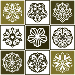 Set of shades of yellow mandala isolated on background. Vector decorative round ornaments. Minimal design elements flower shape of snowflake icon for logo, tattoo artwork.