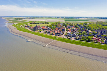 Aerial from the little village Wierum at the Wadden Sea in Friesland the Netherlands