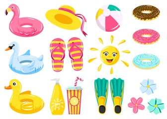 Summer set for recreation and holidays. Things of a traveler and a vacationer. Inflatable rubber circles, flip-flops, fins, cocktail, sun, hat etc
