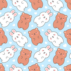 Cute rabbit and teddy bears pattern, seamless background, hand drawn cartoon with heart, vector illustration