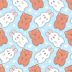 Cute rabbit and teddy bears pattern, seamless background, hand drawn cartoon with heart, vector illustration