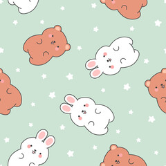 Cute rabbit and teddy bears pattern, seamless background, hand drawn cartoon with heart, vector illustration