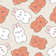 Cute rabbit and teddy bears pattern, seamless background, hand drawn cartoon with heart, vector illustration