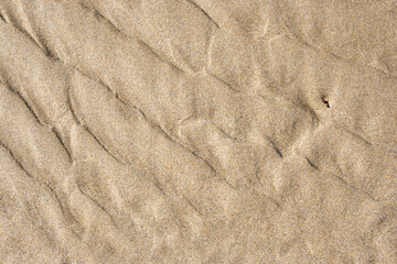 Fototapeta na wymiar Sand beach texture. Natural background. Sand waves background. Sandy dunes, tropical seashore landscape.