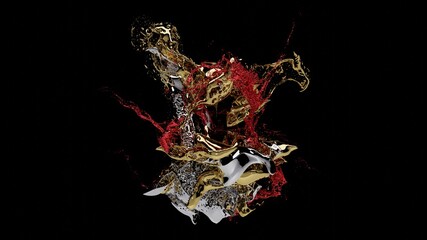 3D render, Gold and Silver , Red liquids Splash, Abstract fluid background