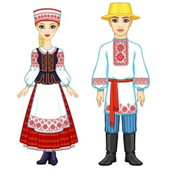 Slavic beauty. Animation portrait of the Belarusian family in national  clothes. Full growth. Eastern Europe. Vector illustration isolated on a white background.