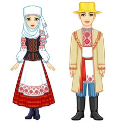 Slavic beauty. Animation portrait of the Belarusian family in national  clothes. Full growth. Eastern Europe. Vector illustration isolated on a white background.