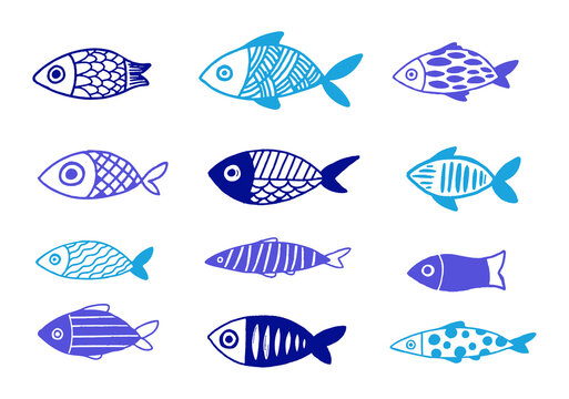 Greek fish, collection of hand drawn illustrations. Blue traditional fish symbols and icons