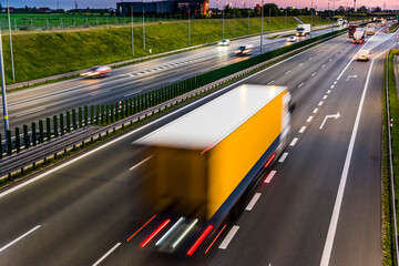 Trucks on six lane controlled-access highway in Poland
