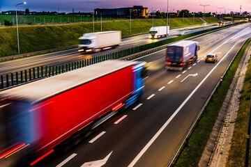 Trucks on six lane controlled-access highway in Poland