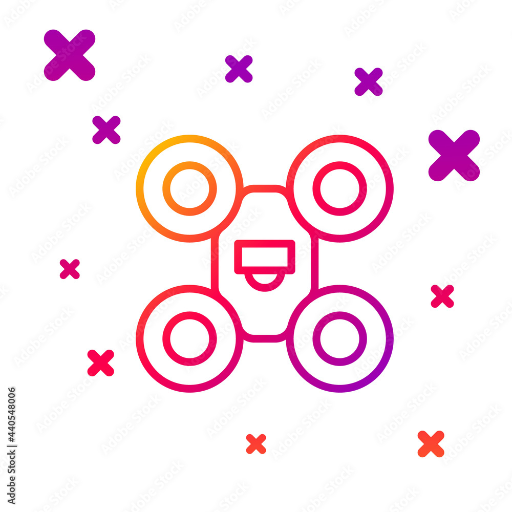 Poster Color line Drone flying icon isolated on white background. Quadrocopter with video and photo camera symbol. Gradient random dynamic shapes. Vector