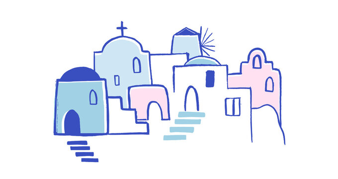Greece hand drawn illustration. Santorini old town streets, traditional and famous houses and churches with blue domes 