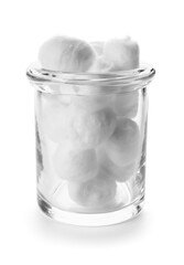 Container with soft cotton wool on white background