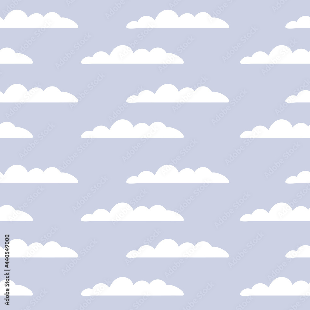 Poster Minimalistic seamless pattern with elongated flat clouds on a light blue background. Modern vector illustration