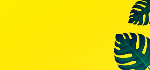 HD tropical background with clean yellow color and monstera green leaves. Vector illustration of summer background and can editable