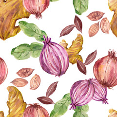 Watercolor Vegetable herb and spice organic eating healthy seamless pattern  hand painted illustration for backdrop background