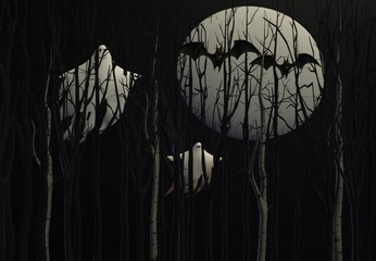 Halloween backdrop with naked trees, full moon, flying bats, and ghosts on the mystery dark at night. 3d illustration. 