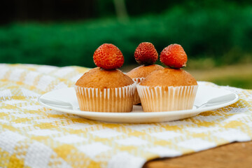 Cupcakes with strawberries on the table in the garden. Fruit pastries.