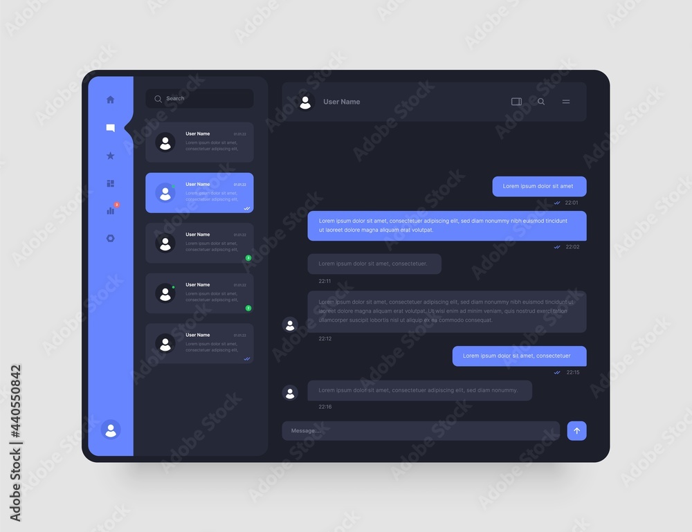 Poster dashboard design with chat, social media, online messenger kit. app interface with ui and ux element