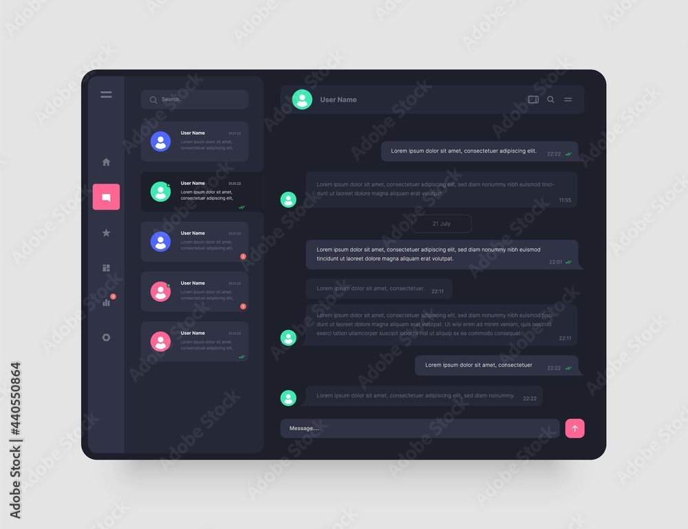 Poster dashboard design with chat, social media, online messenger kit. app interface with ui and ux element