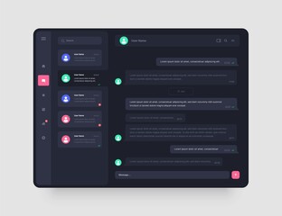 Dashboard Design with chat, social media, online messenger kit. App interface with UI and UX elements. Use design for web application, desktop app or website. Dark mode.