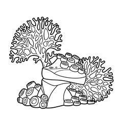 Big coral polyps grow on stone coloring book linear drawing isolated on white background