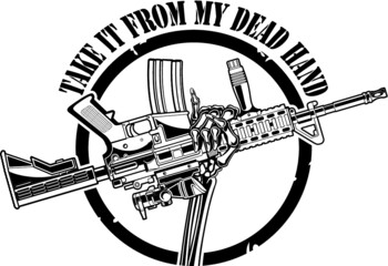 human skeleton hand holding ar15 assault rifle