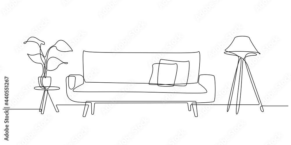 Aufkleber one continuous line drawing of sofa with lamp and potted deciduous plant. home modern furniture of c