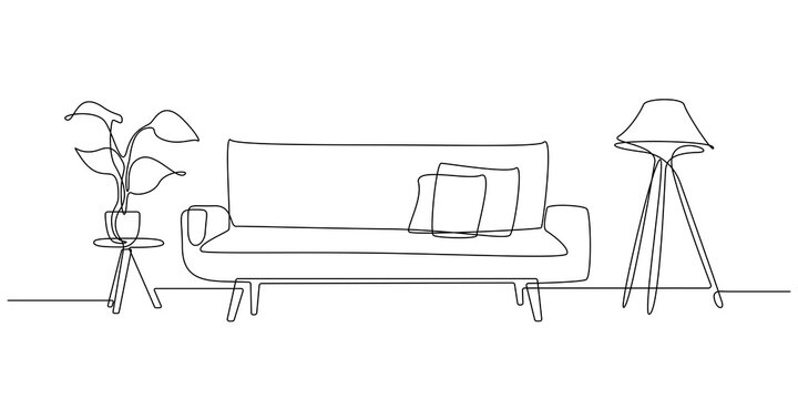 One continuous line drawing of sofa with lamp and potted deciduous plant.  Home modern furniture of couch with two pillows in simple linear style.  Editable stroke Vector illustration Stock Vector | Adobe