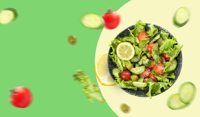 Plate with fresh salad on white background