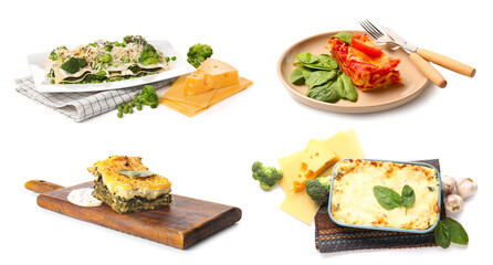 Set of tasty homemade lasagna on white background