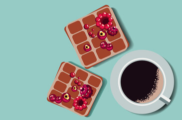 Vector image of a white cup with coffee and two Belgian waffles with raspberries and cranberries