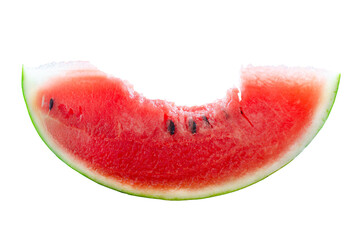 A piece of bite fresh and juicy watermelon fruit isolated on white background