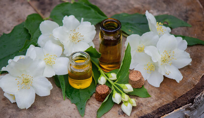 Essential oil and jasmine flowers on a wooden background. Cosmetic procedures.