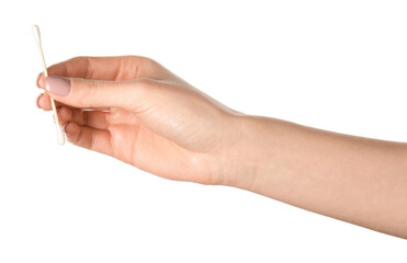Female hand with cotton swab on white background