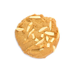 A piece of delicious homemade cookie with almond on white background